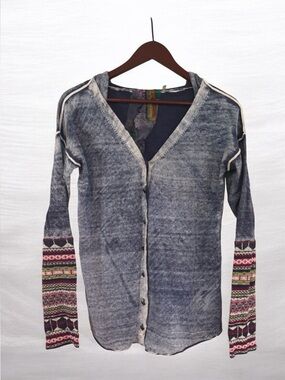 Aratta Silent Journey Washed Denim Cardigan with striped knit Sleeves NWOT